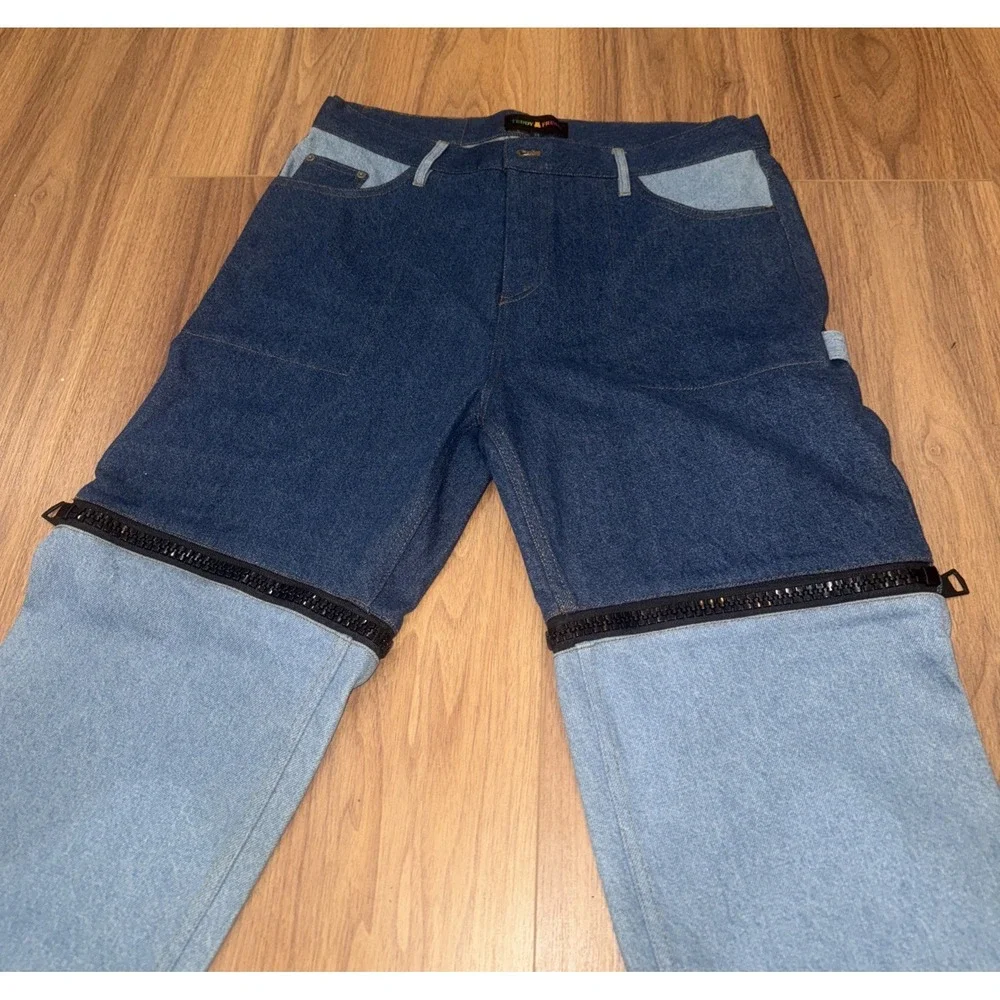 TEDDY FRESH Pants Lag Zip Off Denim Pants Unisex‎ Size 34  Relaxed Fit Jeans NWT